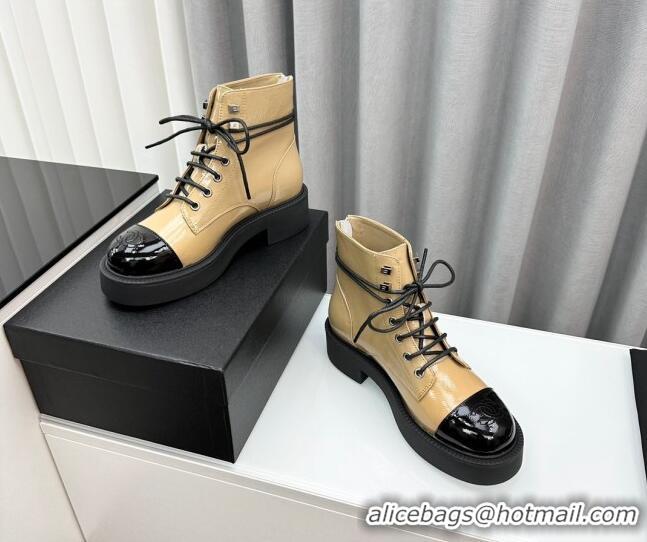 Perfect Chanel Patent Calfskin Ankle Boots Beige 091110