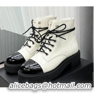 Sumptuous Chanel Patent Calfskin Ankle Boots White 091111