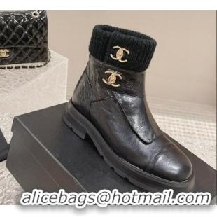 Good Quality Chanel Calfskin & Knit Ankle Boots Black 91114