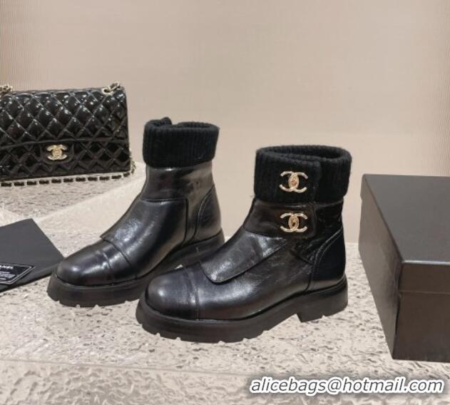 Good Quality Chanel Calfskin & Knit Ankle Boots Black 91114