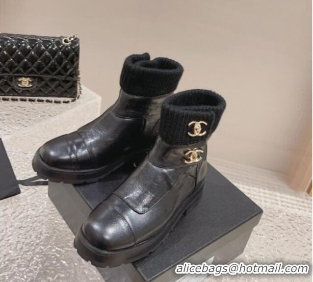 Good Quality Chanel Calfskin & Knit Ankle Boots Black 91114