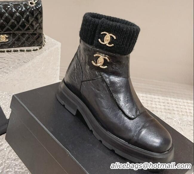 Good Quality Chanel Calfskin & Knit Ankle Boots Black 91114