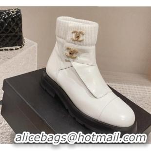 Crafted Chanel Calfskin & Knit Ankle Boots White 91115