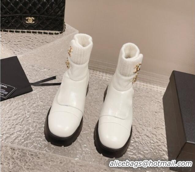 Crafted Chanel Calfskin & Knit Ankle Boots White 91115