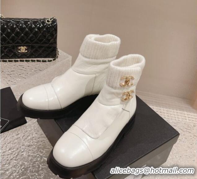 Crafted Chanel Calfskin & Knit Ankle Boots White 91115