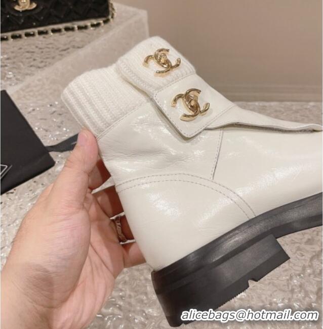 Crafted Chanel Calfskin & Knit Ankle Boots White 91115