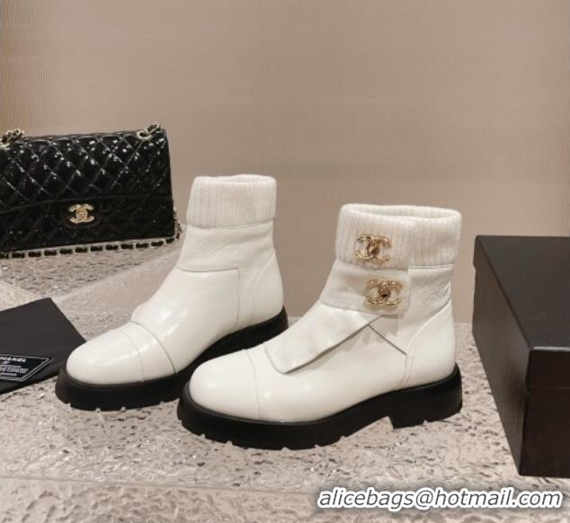 Crafted Chanel Calfskin & Knit Ankle Boots White 91115