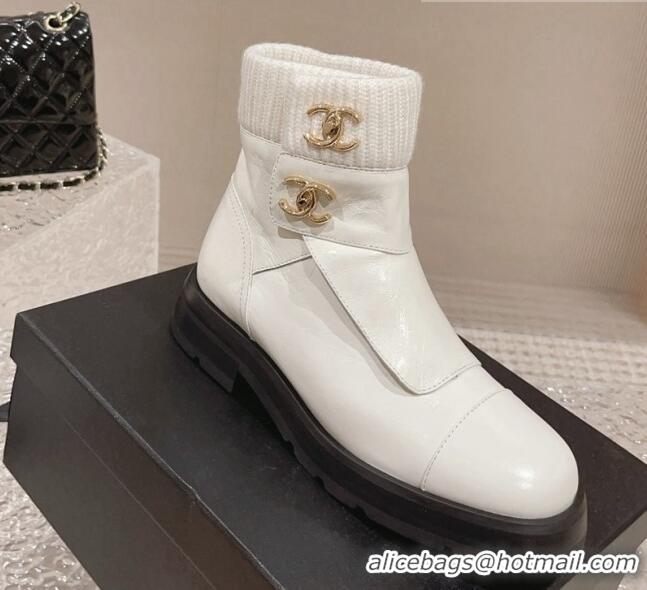 Crafted Chanel Calfskin & Knit Ankle Boots White 91115