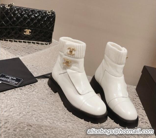 Crafted Chanel Calfskin & Knit Ankle Boots White 91115