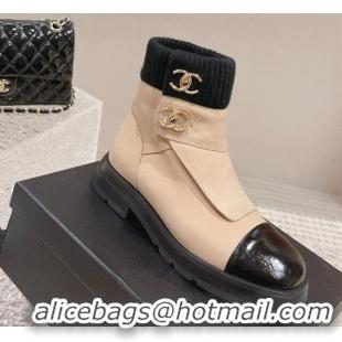 Expensive Chanel Calfskin & Knit Ankle Boots Nude 91116