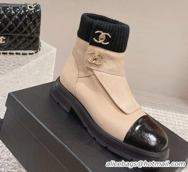 Expensive Chanel Calfskin & Knit Ankle Boots Nude 91116