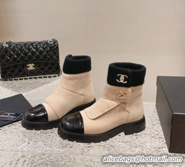 Expensive Chanel Calfskin & Knit Ankle Boots Nude 91116