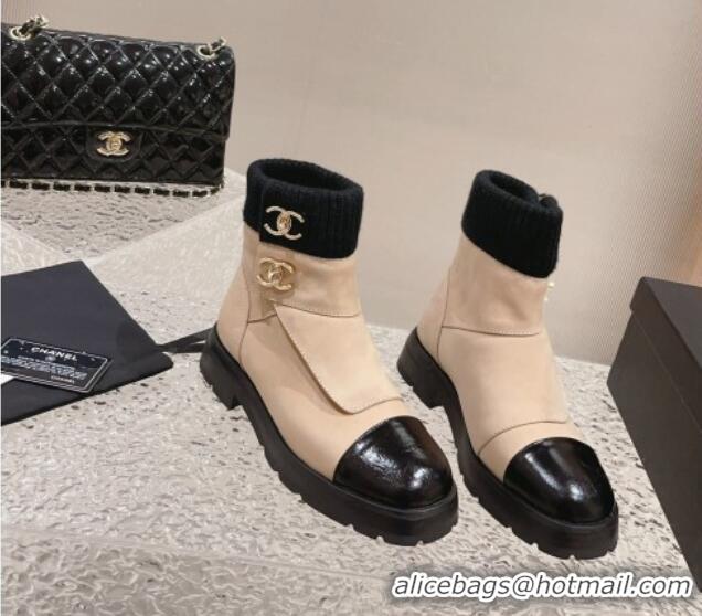 Expensive Chanel Calfskin & Knit Ankle Boots Nude 91116