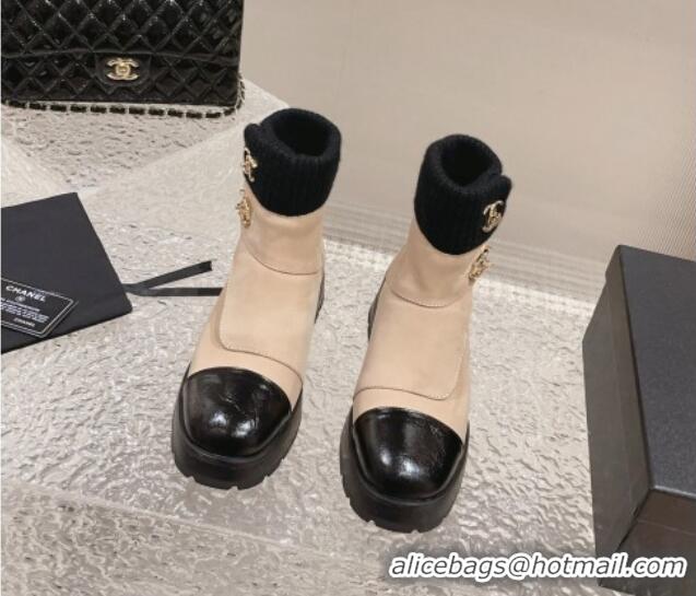 Expensive Chanel Calfskin & Knit Ankle Boots Nude 91116