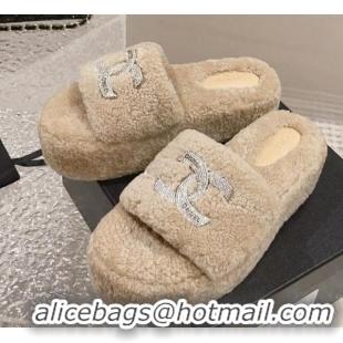 Feminine Chanel Shearling Wool Platform Slide Sandals with Crystal CC Beige 91117