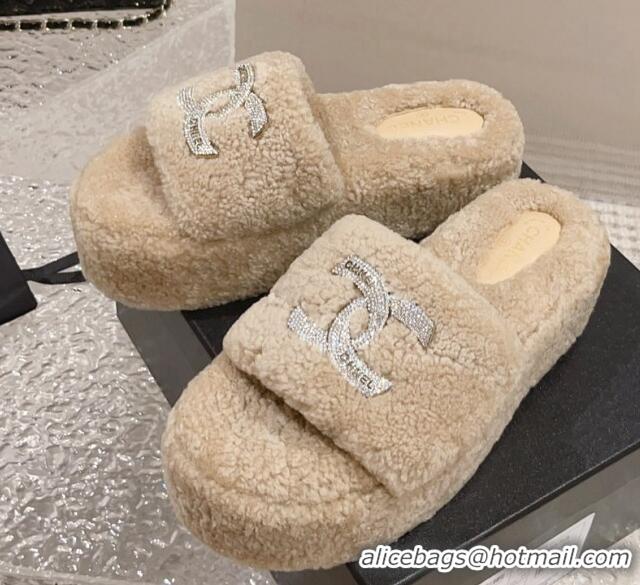 Feminine Chanel Shearling Wool Platform Slide Sandals with Crystal CC Beige 91117