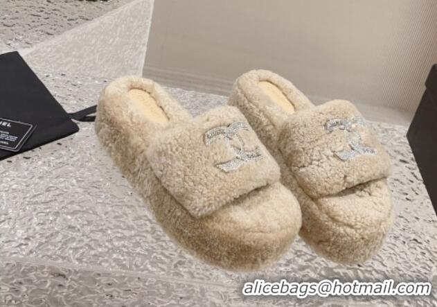 Feminine Chanel Shearling Wool Platform Slide Sandals with Crystal CC Beige 91117