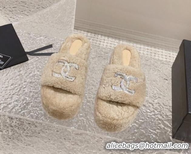 Feminine Chanel Shearling Wool Platform Slide Sandals with Crystal CC Beige 91117