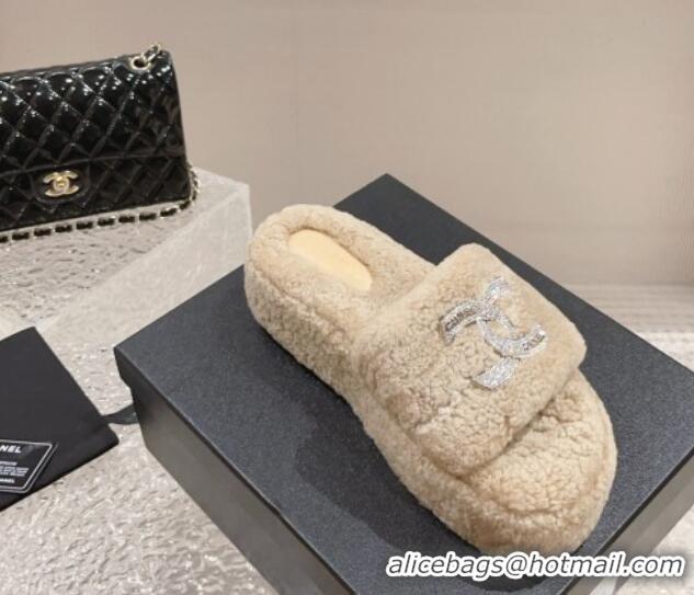 Feminine Chanel Shearling Wool Platform Slide Sandals with Crystal CC Beige 91117