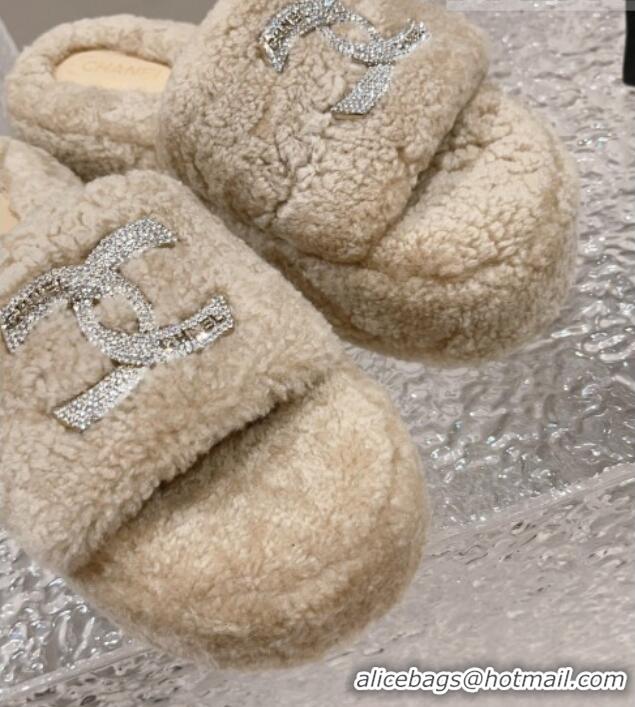 Feminine Chanel Shearling Wool Platform Slide Sandals with Crystal CC Beige 91117