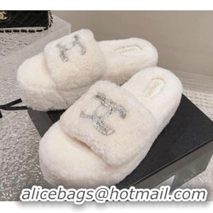 Best Quality Chanel Shearling Wool Platform Slide Sandals with Crystal CC White 91118