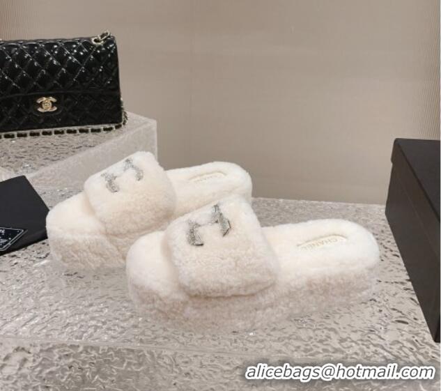 Best Quality Chanel Shearling Wool Platform Slide Sandals with Crystal CC White 91118