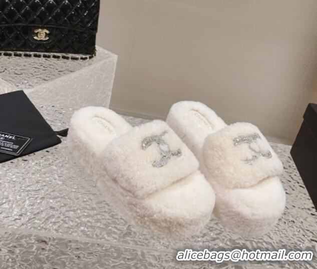 Best Quality Chanel Shearling Wool Platform Slide Sandals with Crystal CC White 91118