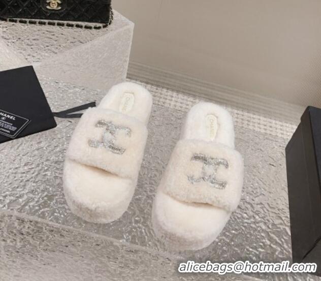 Best Quality Chanel Shearling Wool Platform Slide Sandals with Crystal CC White 91118