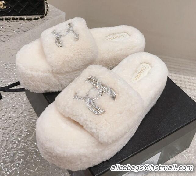 Best Quality Chanel Shearling Wool Platform Slide Sandals with Crystal CC White 91118