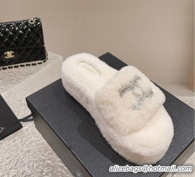 Best Quality Chanel Shearling Wool Platform Slide Sandals with Crystal CC White 91118