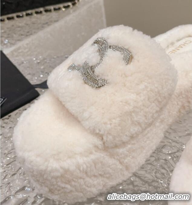 Best Quality Chanel Shearling Wool Platform Slide Sandals with Crystal CC White 91118