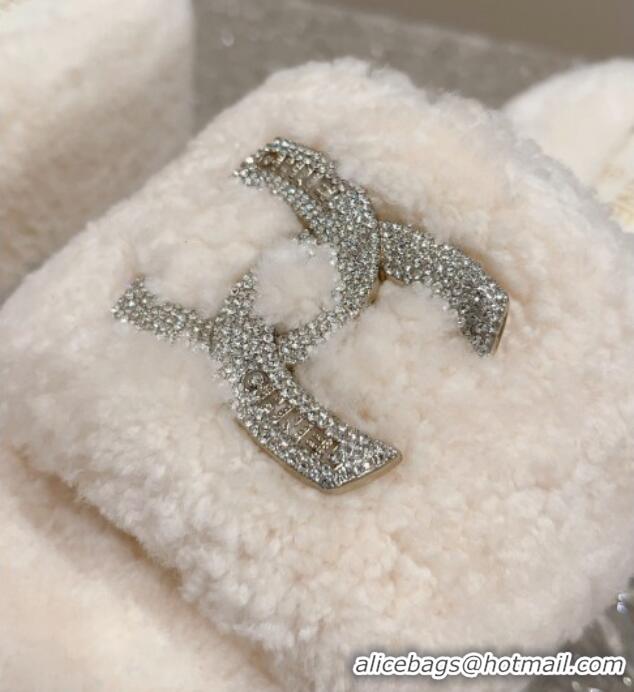 Best Quality Chanel Shearling Wool Platform Slide Sandals with Crystal CC White 91118