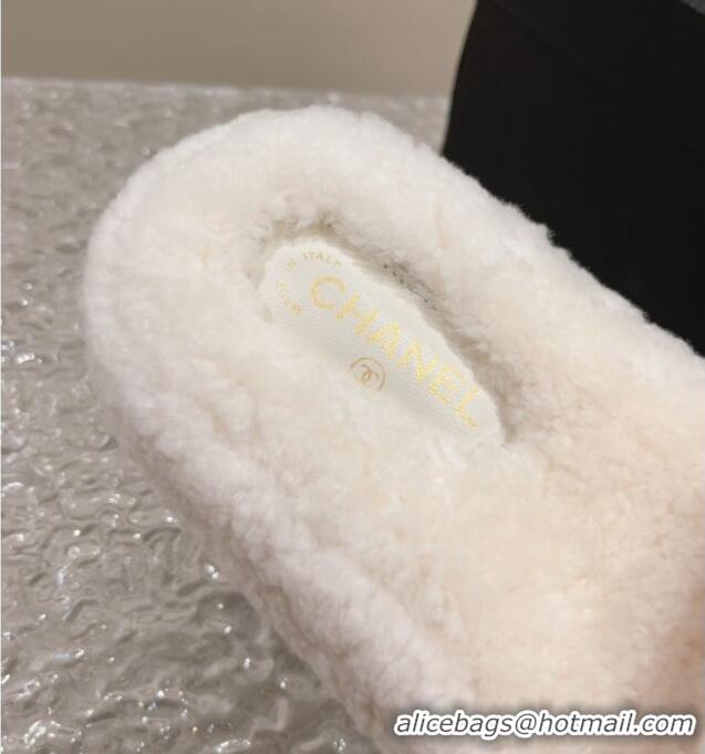 Best Quality Chanel Shearling Wool Platform Slide Sandals with Crystal CC White 91118