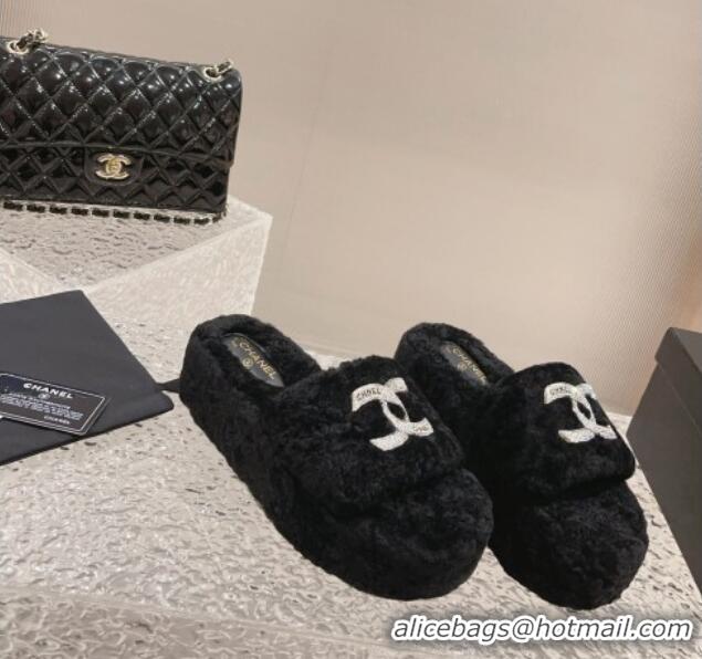 Best Price Chanel Shearling Wool Platform Slide Sandals with Crystal CC Black 91119