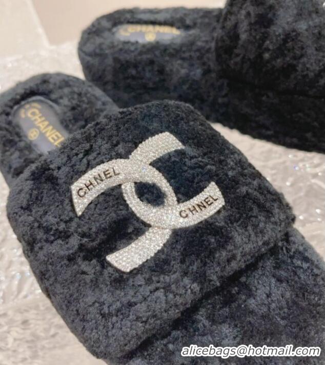 Best Price Chanel Shearling Wool Platform Slide Sandals with Crystal CC Black 91119