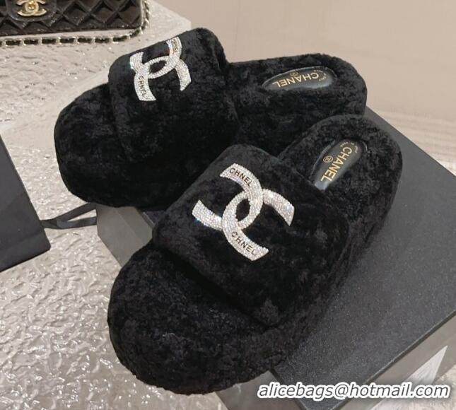 Best Price Chanel Shearling Wool Platform Slide Sandals with Crystal CC Black 91119