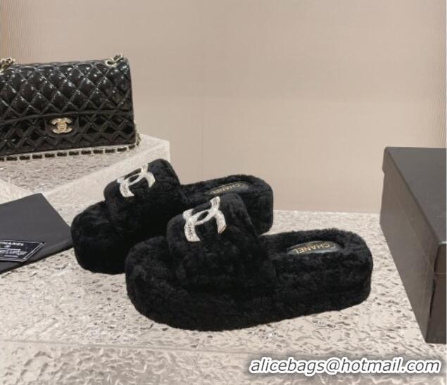 Best Price Chanel Shearling Wool Platform Slide Sandals with Crystal CC Black 91119