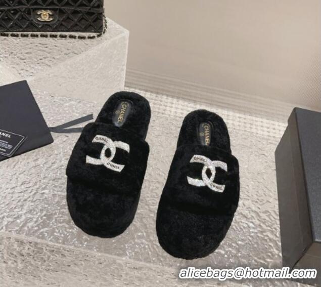 Best Price Chanel Shearling Wool Platform Slide Sandals with Crystal CC Black 91119