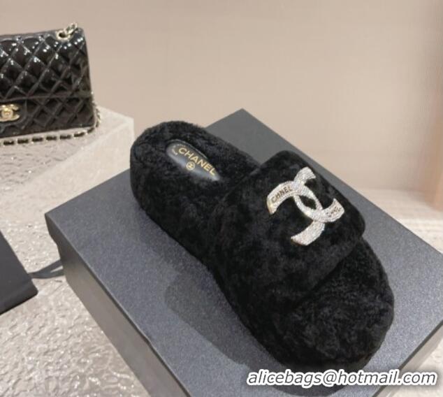 Best Price Chanel Shearling Wool Platform Slide Sandals with Crystal CC Black 91119