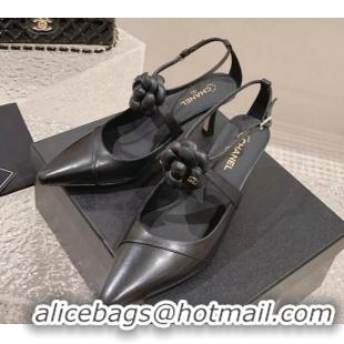 Top Grade Chanel Lambskin Pumps 7.5cm with Camellia Bloom Black 091120