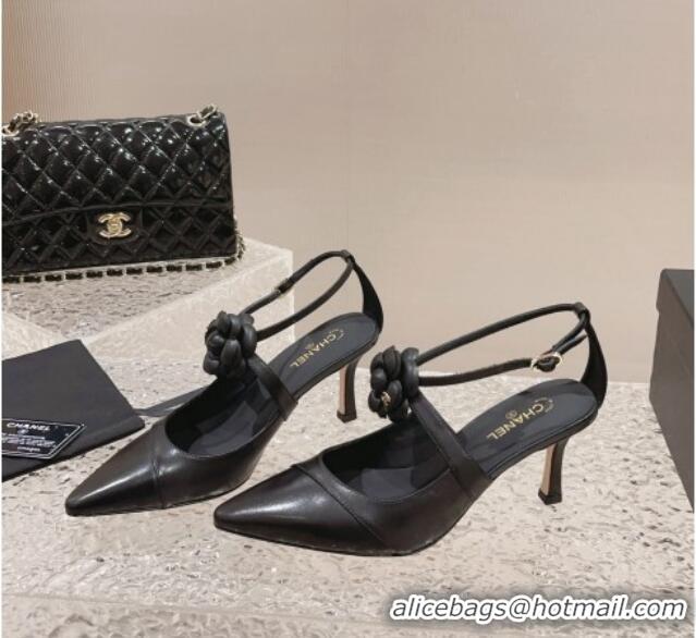 Top Grade Chanel Lambskin Pumps 7.5cm with Camellia Bloom Black 091120