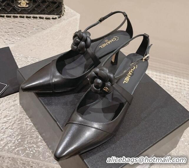 Top Grade Chanel Lambskin Pumps 7.5cm with Camellia Bloom Black 091120