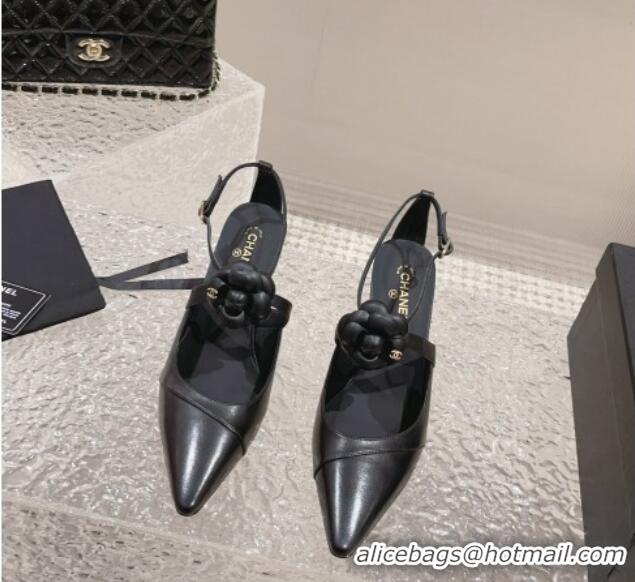 Top Grade Chanel Lambskin Pumps 7.5cm with Camellia Bloom Black 091120