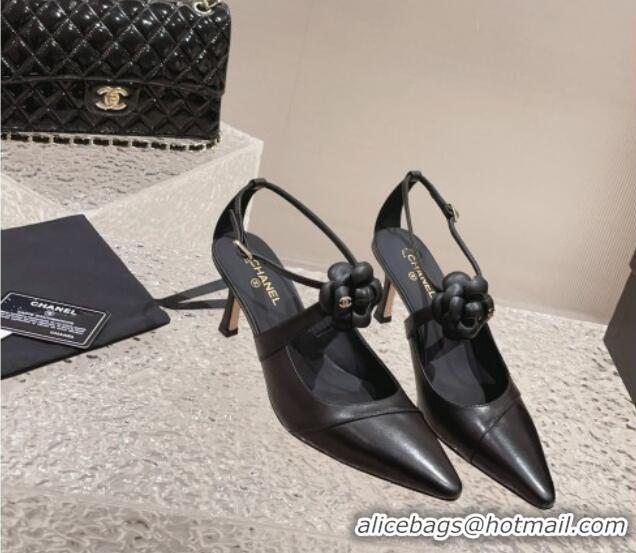 Top Grade Chanel Lambskin Pumps 7.5cm with Camellia Bloom Black 091120