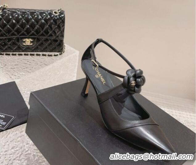 Top Grade Chanel Lambskin Pumps 7.5cm with Camellia Bloom Black 091120