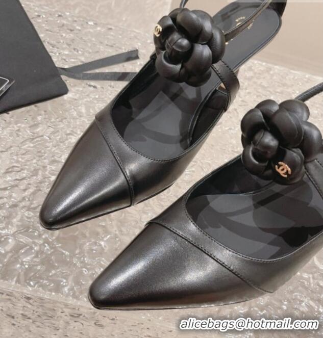 Top Grade Chanel Lambskin Pumps 7.5cm with Camellia Bloom Black 091120