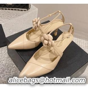 Popular Style Chanel Lambskin Pumps 7.5cm with Camellia Bloom Beige 091121