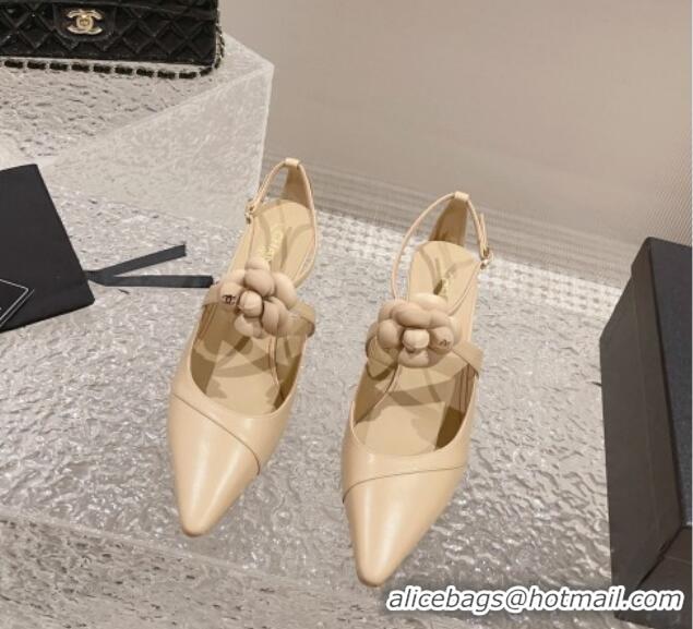 Popular Style Chanel Lambskin Pumps 7.5cm with Camellia Bloom Beige 091121