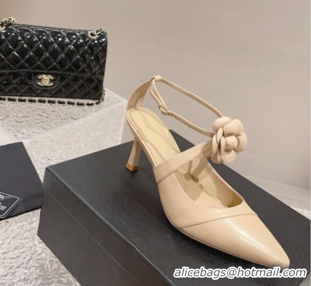 Popular Style Chanel Lambskin Pumps 7.5cm with Camellia Bloom Beige 091121