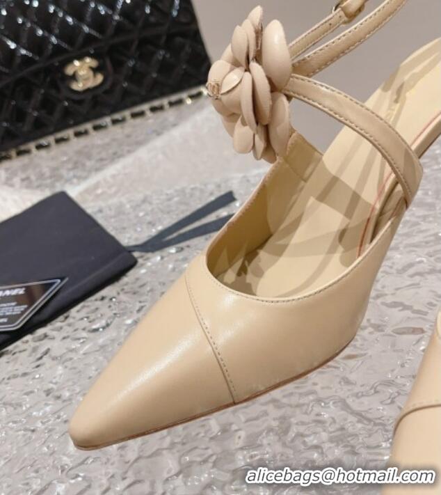 Popular Style Chanel Lambskin Pumps 7.5cm with Camellia Bloom Beige 091121